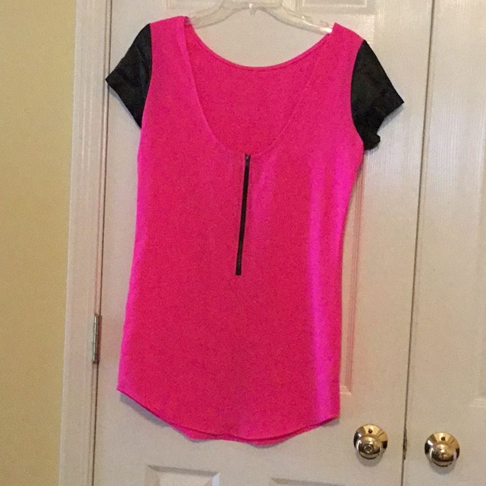 Neon pink Dress with Vegan Leather sleeves